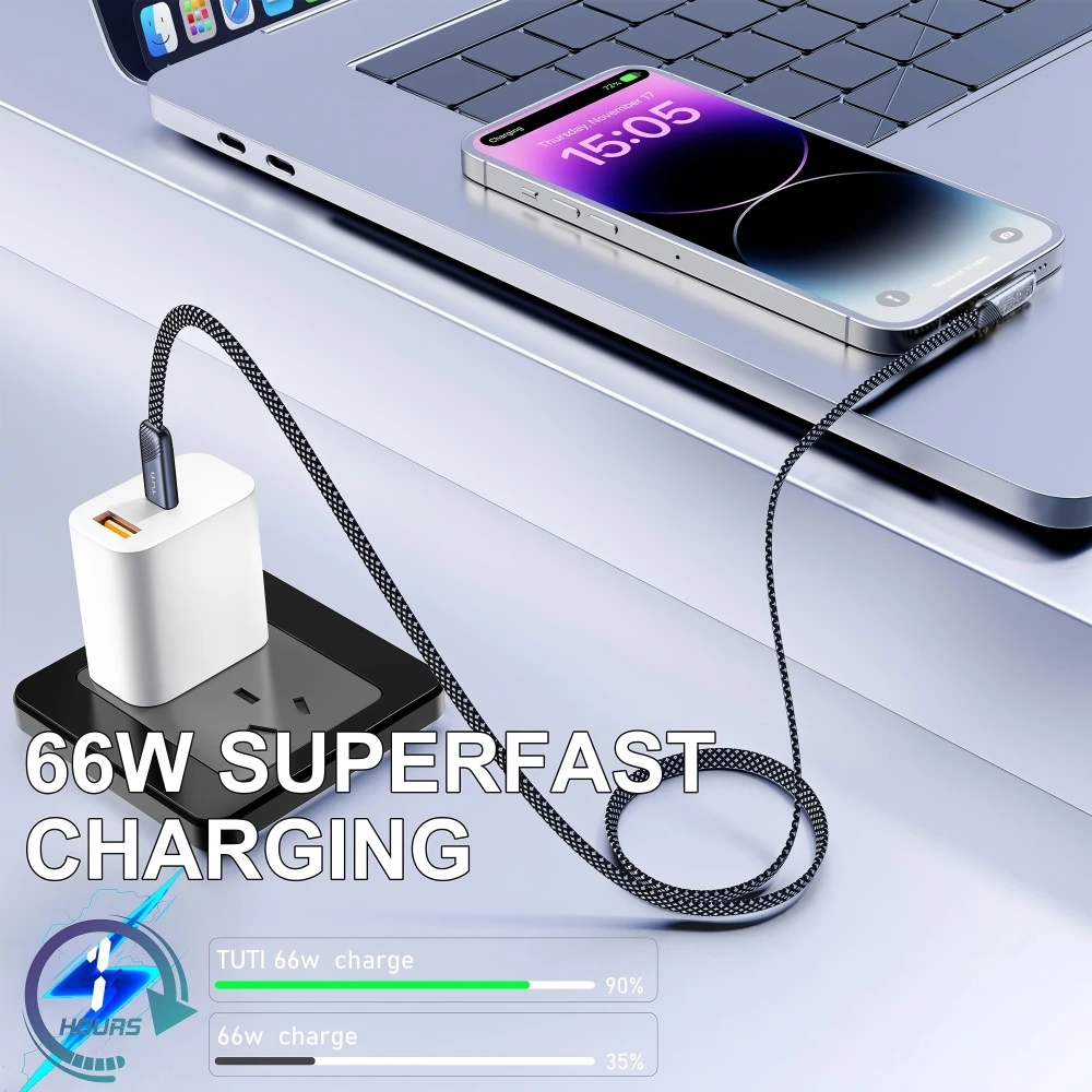 كابل TUTI 60 وات من النايلون المضفر من النوع C إلى النوع C شحن سريع للألعاب وعروض المشاهدة المتوافقة مع iPhone 16