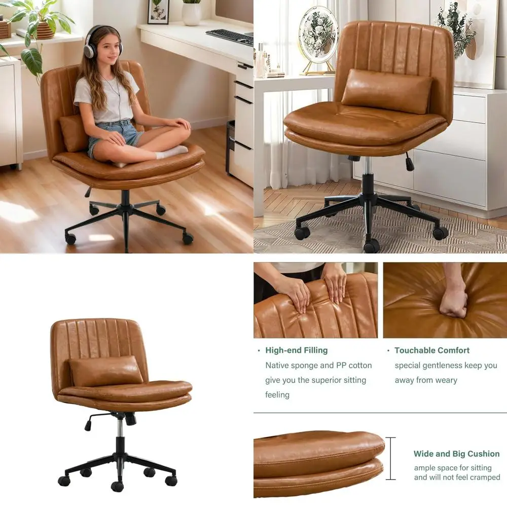 

Ergonomic Swivel Chair with Wheels, Armless Adjustable Desk Chair, Wide Seat & Pillow for Home Office, Faux Leather, Orange