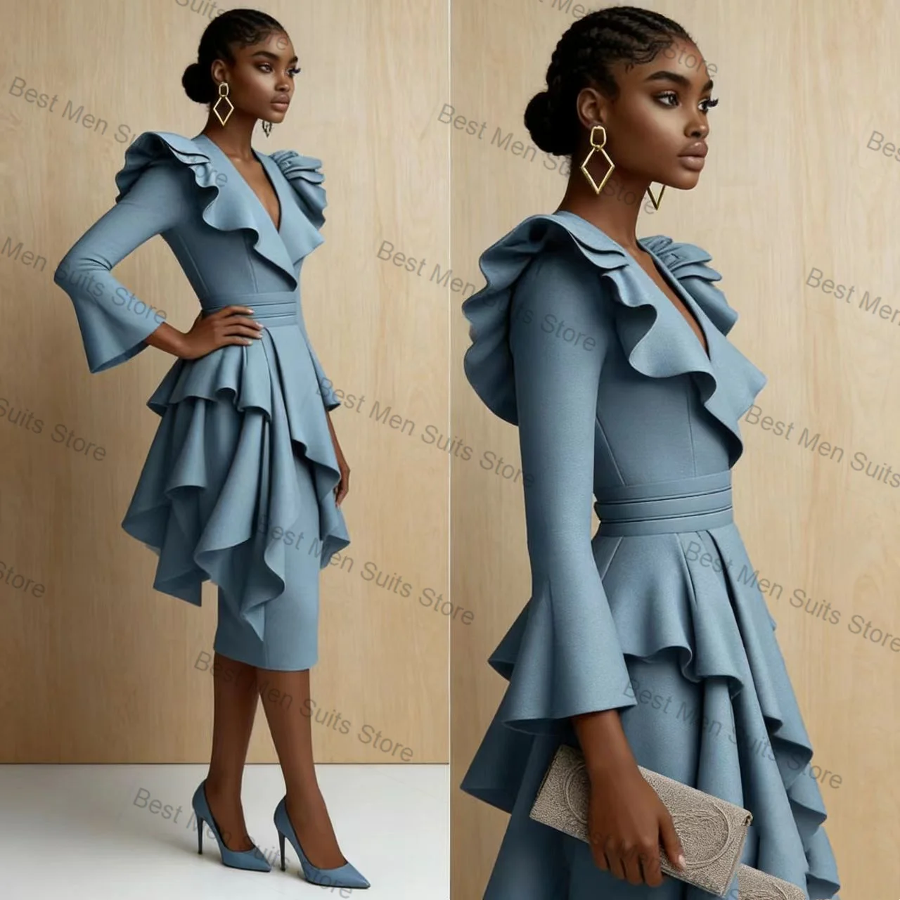 

Синий женский костюм-двойка: пиджак и платье с оборками, хлопковый, для офиса, нарядный, на заказ, для гостей на свадьбу