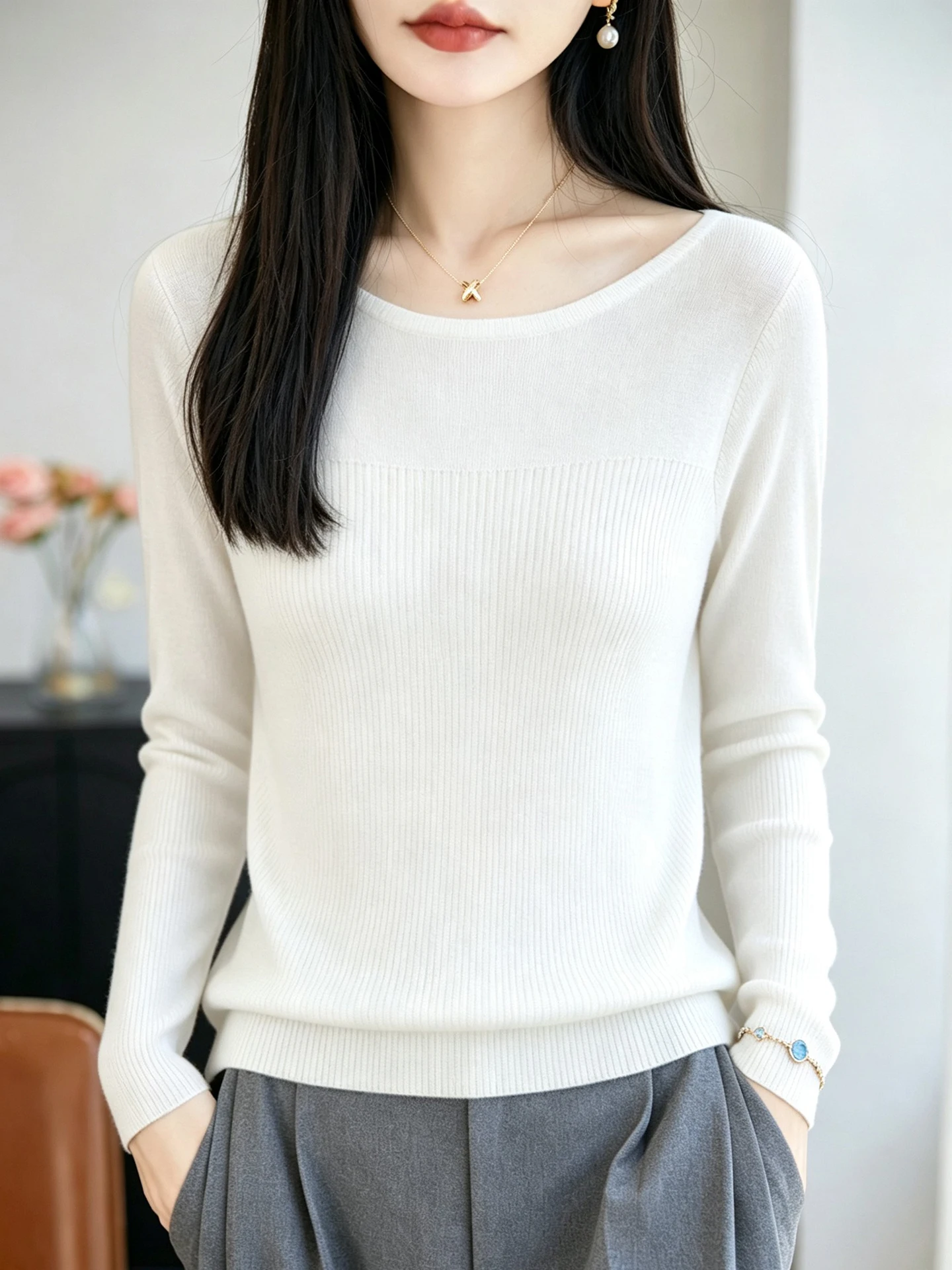 Merino Wool Women's Pullover One Neck Autumn Winter Casual Fashion Fiber Blend Knitted Sweater