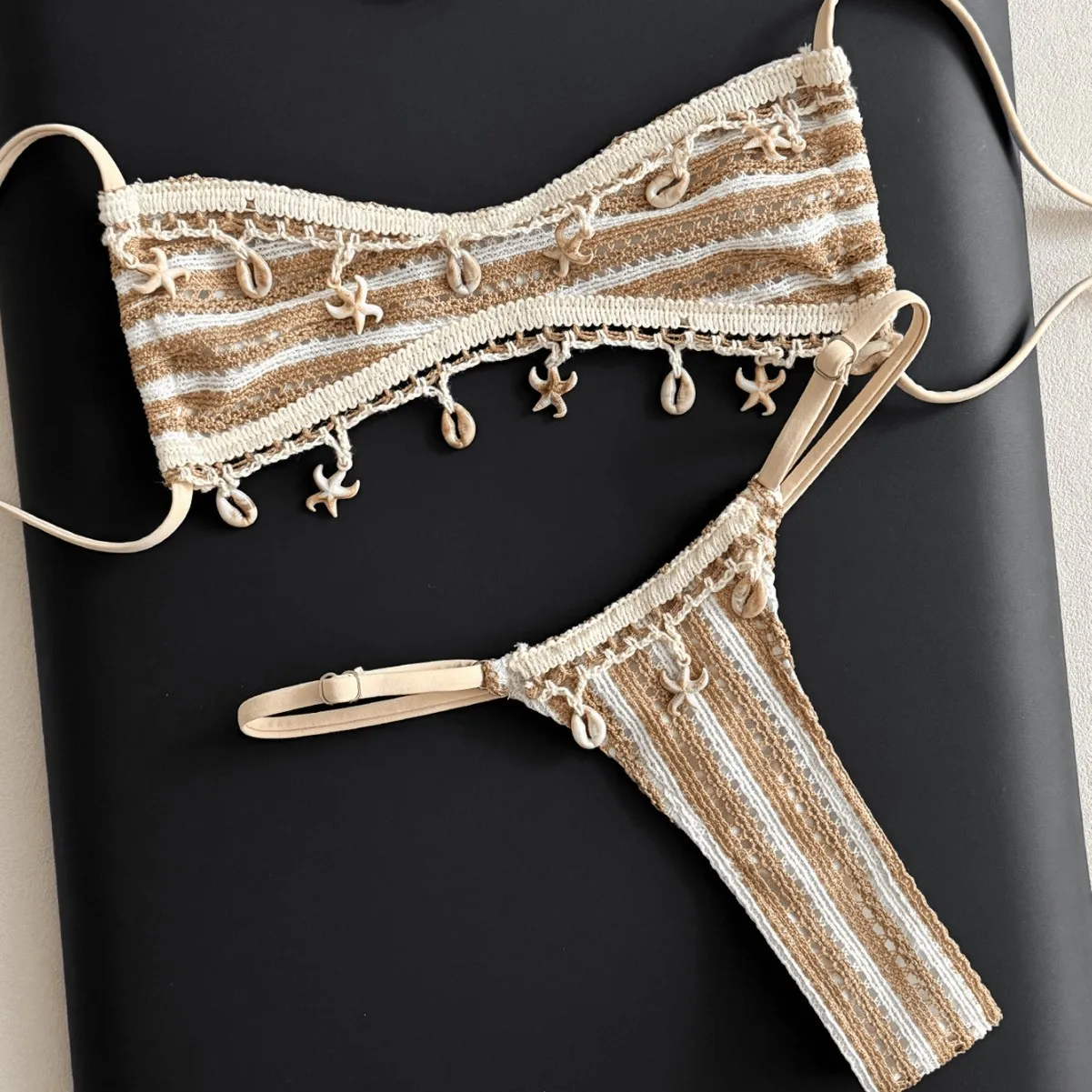 Striped Shell Fishnet Bandeau Bikini Women Swimsuit Female Swimwear Two Pieces Bikini Set Mini Micro Thong Bathing Suit Swim