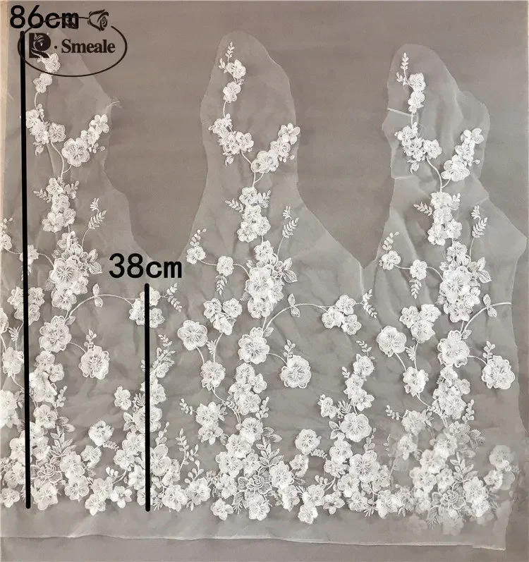 White Beaded Applique Lace Fabric, Wedding Dress, White Accessories, Width 86cm and 135cm, RS1696