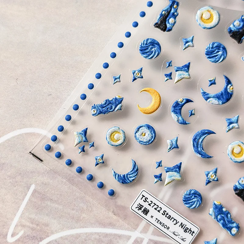 1 piece of 5D blue moon nail stickers planet star relief design iron element new technology three-dimensional nail art stickers