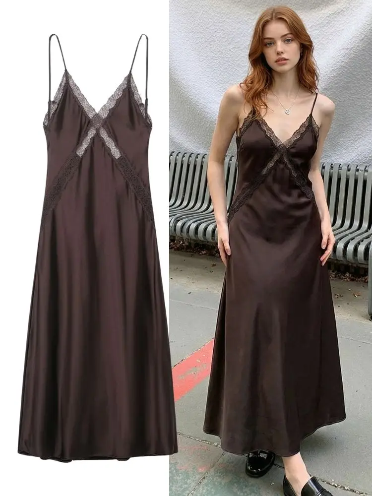 Hh moda feminina sexy cetim renda estilingue midi vestidos primavera verão feminino sem costas sem mangas com decote em v elegante vestido de festa à noite