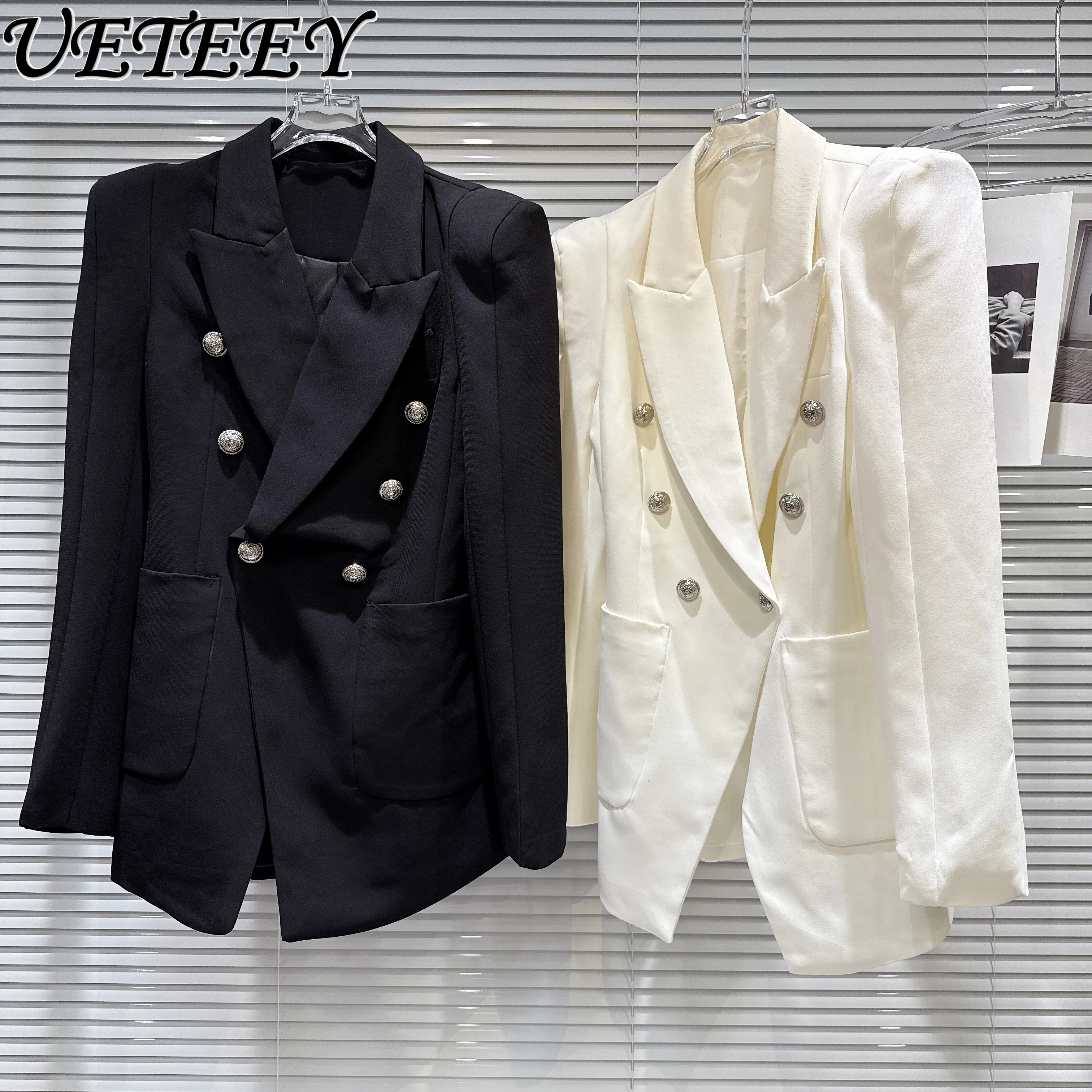

Autumn New Elegant Double Row Metal Button Waist-Cinching Shoulder Pad Blazer Jacket Women Black White Suit Coat Female Clothing