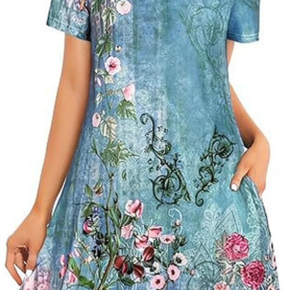 Floral Print Women Summer Dress Short Sleeve Loose Casual T Shirt Style Midi Skirt Comfortable Beach Vacation Outfit
