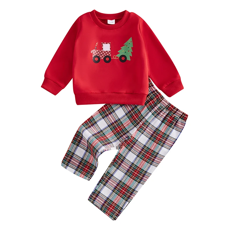 Little Girl Boy Christmas Outfits Tree Train Print Long Sleeve Sweatshirt with Plaid Pattern Pants Set