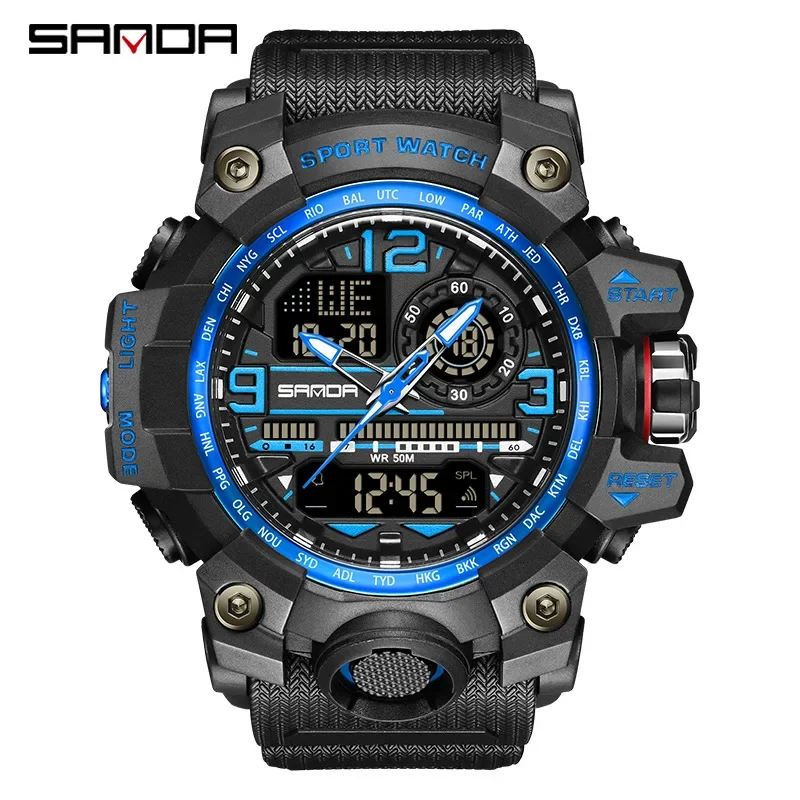 Sanda 3133 relógio eletrônico masculino na moda esporte à prova dwaterproof água data ponteiro digital analógico duplo display relógio de pulso para estudante