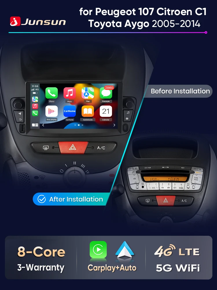 Junsun 7 "Draadloze CarPlay Android Auto Radio voor Peugeot 107 Toyota Aygo Citroen C1 2005-2014 GPS Stereo multimedia 4G - afbeelding 2