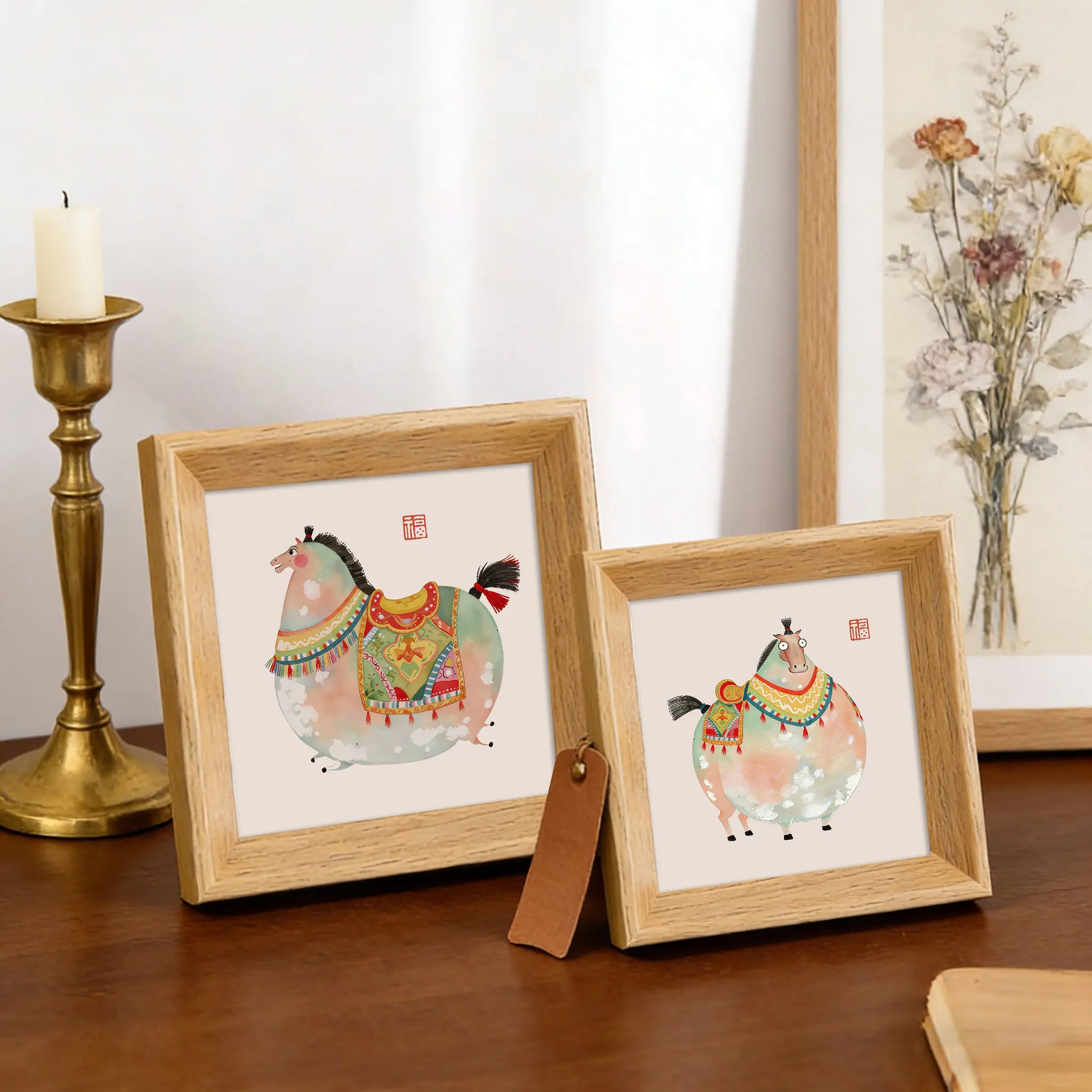 Square Wooden Picture Frame Cartoon Horse - Mini Frame for Oil Pastel Artwork, Mini Wooden Photo Frame Kids Photos Display