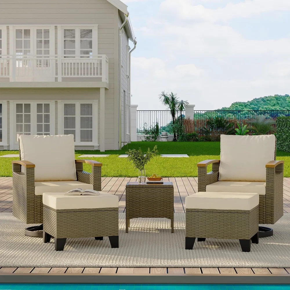 5 Piece Outdoor Chairs Set- Patio Furniture Set Withside Table and 2 Ottoman,