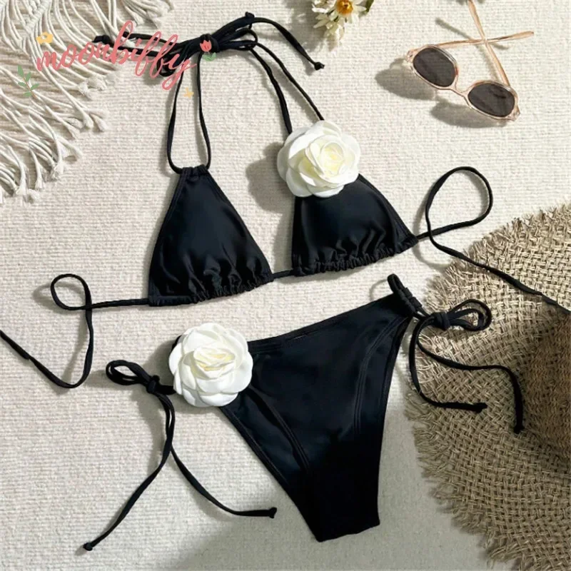 Sexy 3D Flower Black Triangle Bikinis Set Micro Thong Swimsuits Women String Halter Bathing Suit Bikini Mujer Biquinis Swim