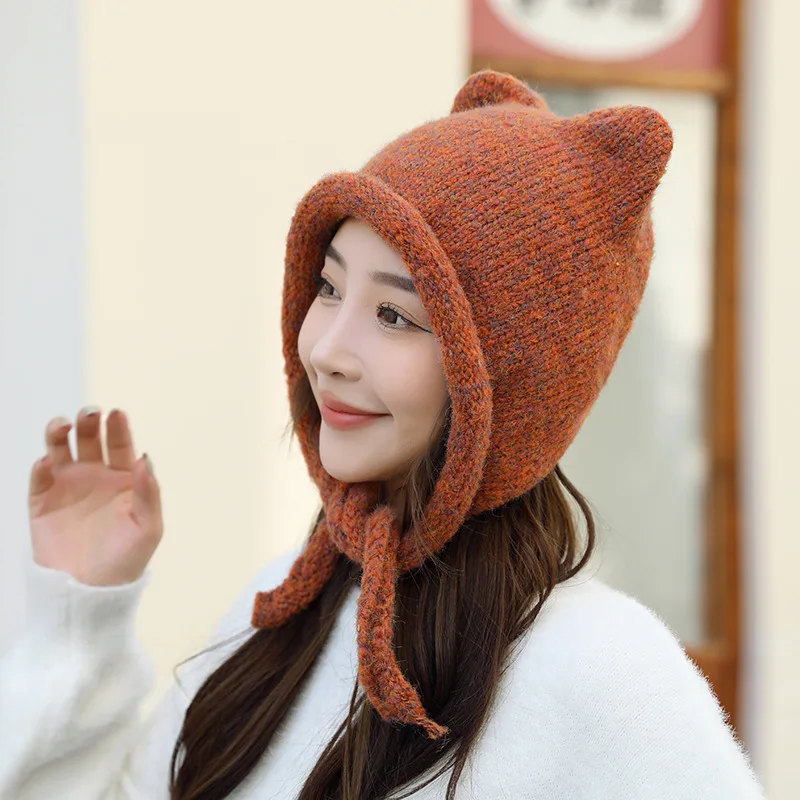 Pure Color Cat Ears Pigtail Knitting Cap Winter Outdoor Warm Cute Wrap Head Wool Cap Cold Hat Wholesale