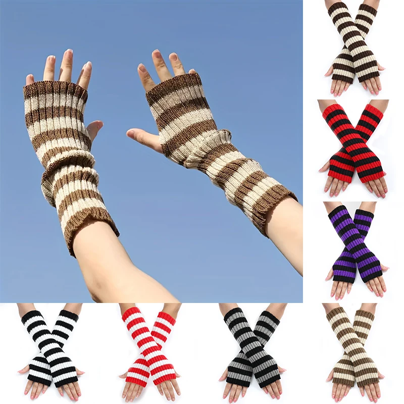 New Knitted Fingerless Arm Sleeve Retro Gothic Style Striped Long Gloves Hand Warmer for Women Girls Fashion Wrist Gloves