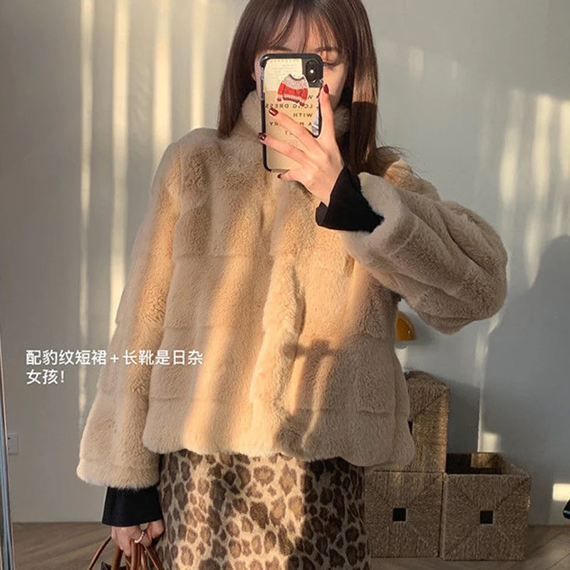 

Fall Winter Faux Fur Coat Women Warm Thick Crop Jacket Korean Fashion Long Sleeve Loose Flurry Coat Loose Stand Collar Outwear