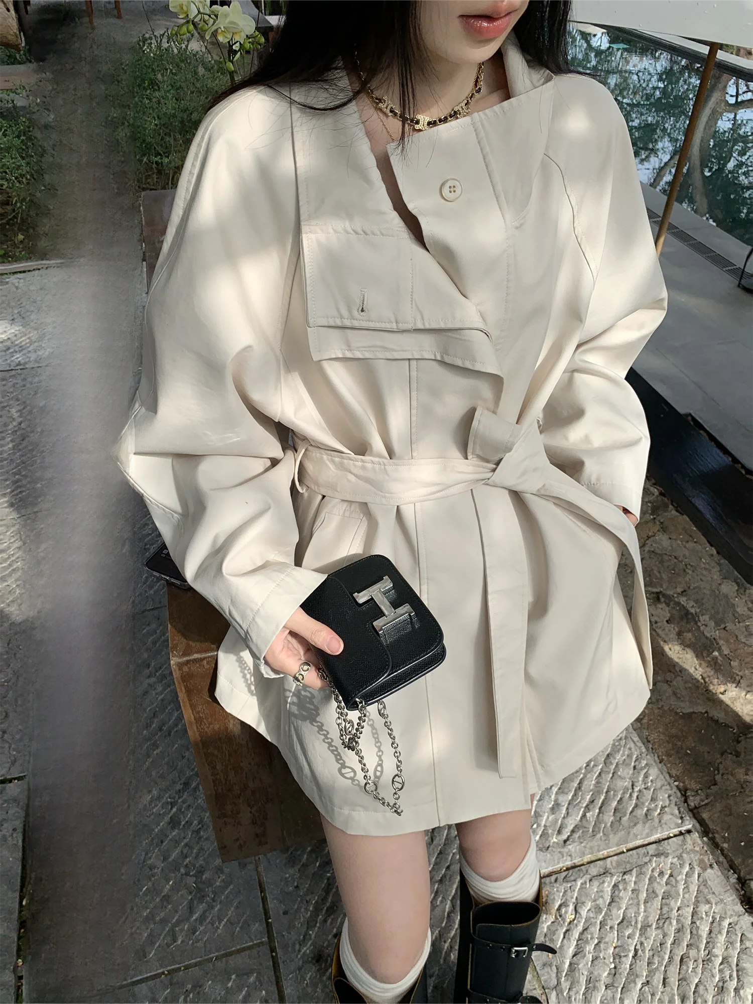 

Yuzuqi Pine Night ort White Women's Windbreaker Jaet Briti Sle Waist-Cinching Coat Spring Autumn High-End Sensation