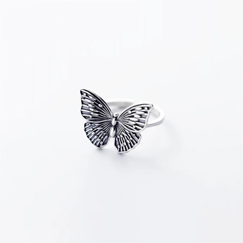Sole Memory Retro Hollow Butterfly Creativity Literature 925 Sterling Silver Female Resizable Opening Rings RI595