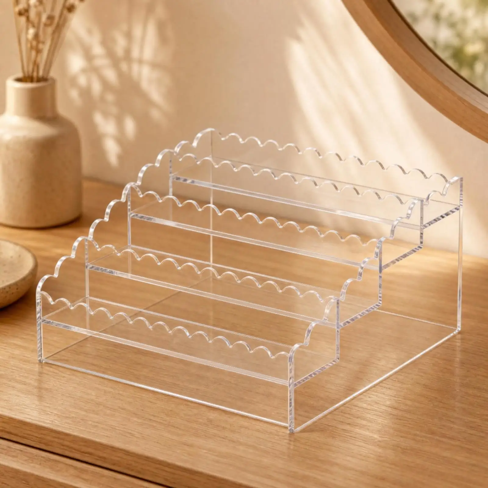 Clear Acrylic Storage Rack with Wavy Edges Transparent 4 Tier Clear Acrylic Display Stand Stepped Tier Display Stand Sturdy