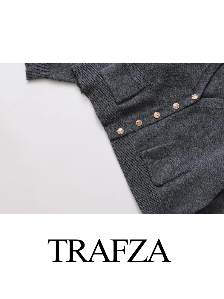 

TRAFZA Women Autumn Wool Gold Button V-neck Knit Cardigan Sweater Female Temperament Single Breasted High Street Casual Jacket