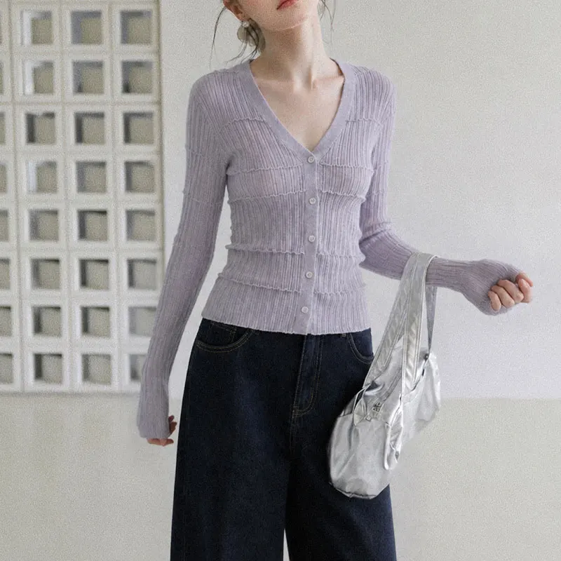 Women V Neck Button Knit T Shirts Long Sleeve Fringe Trim Autumn Slim Fit Solid Color Ribbed Knit Top Fashion Casual Open Stitch