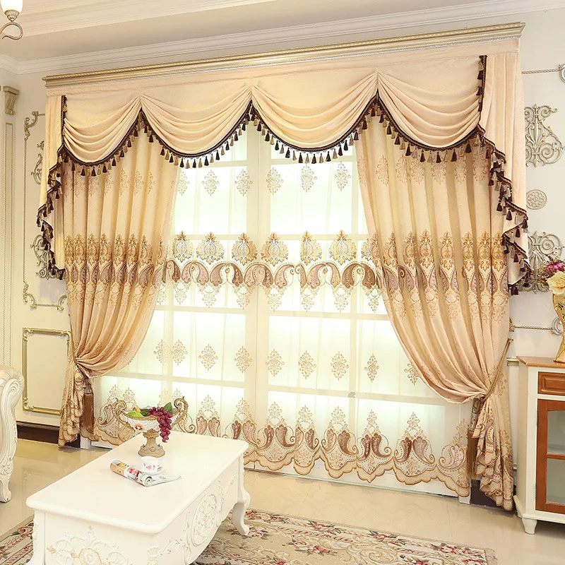 

Custom Upscale Chenille European water-soluble embroidered beige cloth blackout curtain tulle valance drape C1804