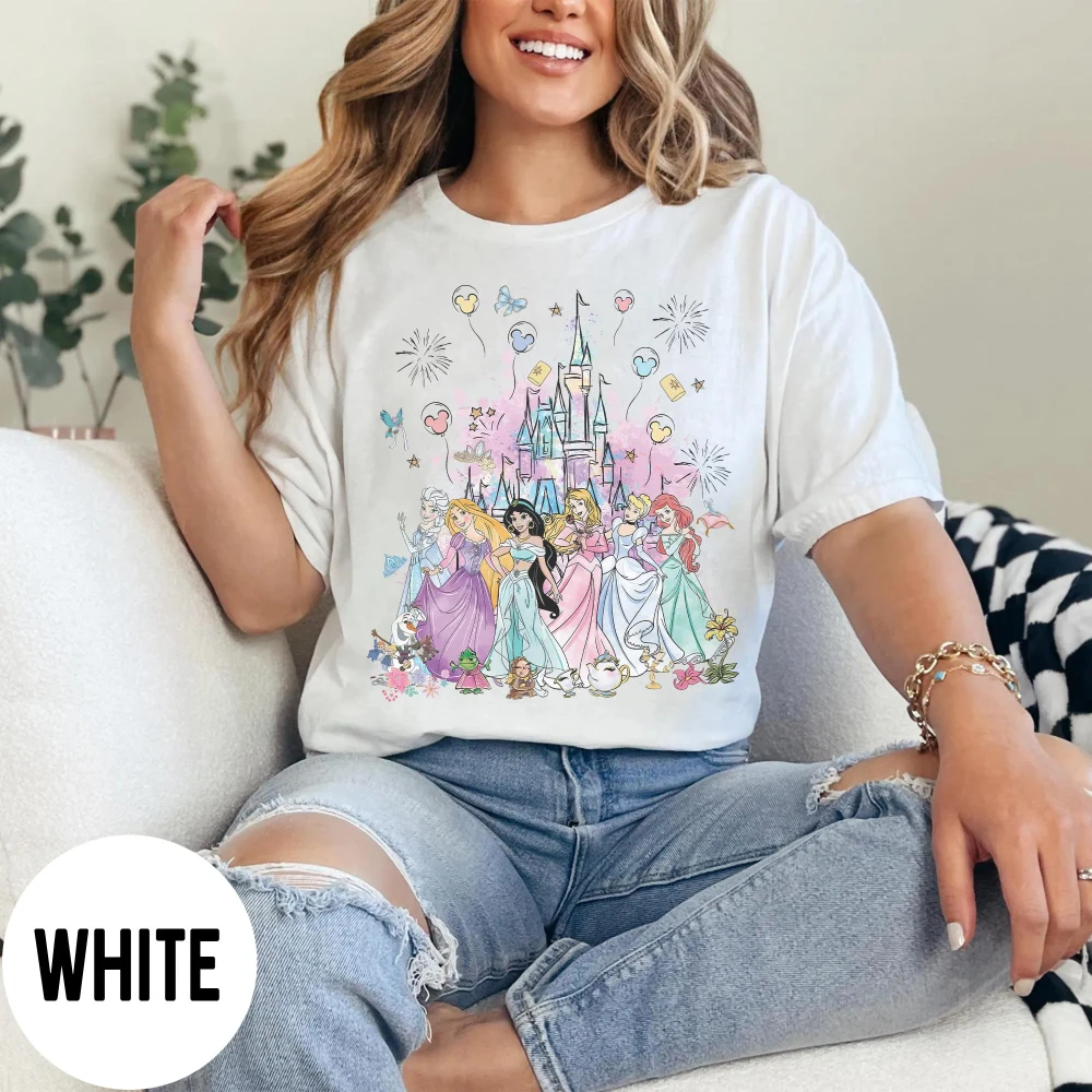 Aquarell-Prinzessinnen-Schloss-Shirt, Disney-Prinzessinnen Elsa und Rapunzel-Shirt, Cinderella- und Ariel-Shirt, Disney-T-Shirt
