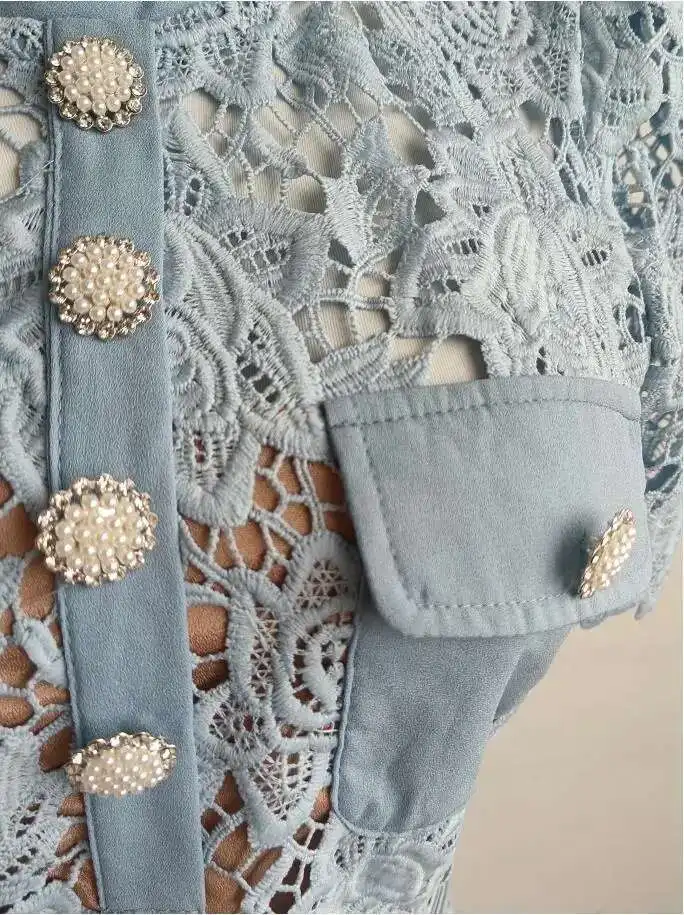 JAMERARY Summer Holiday Party Prom Blue Lace Embroidery Short Dress Women Diamonds Button Mini Vestidos Female Quality