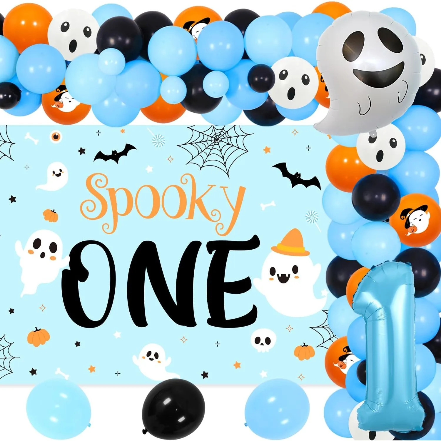 

Sursurprise 78Pcs Spooky One Halloween 1st Birthday Party Decorations Spooky Backdrop Blue Orange Balloon Party Decor Supplies