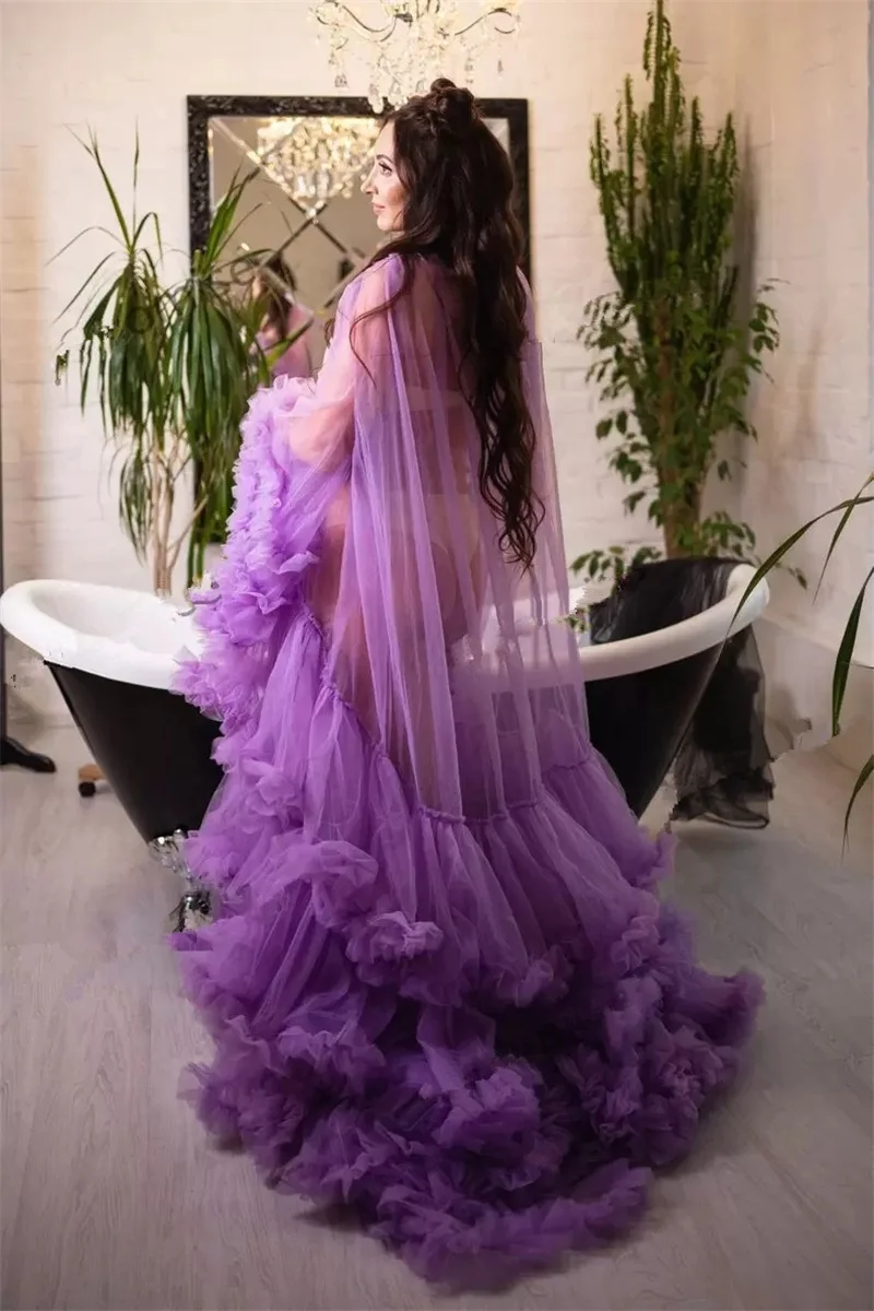 Ruffles Tulle Maternity Dresses For Photoshot Pregnant Evening Dress Long Sleeves Plus Size Sheer Prom Gown Sleepwear Robe