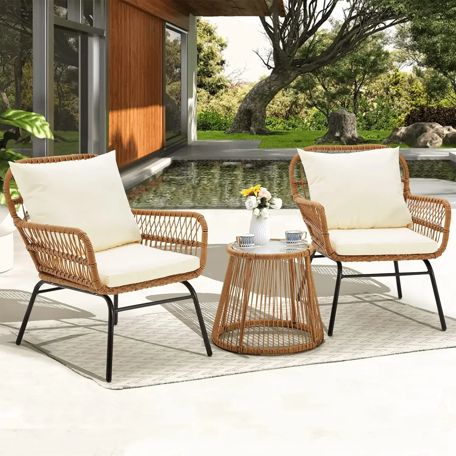 Patio-Gesprächs-Bistro-Set, Allwetter-Korb möbel im Freien mit Tisch und Sesseln aus gehärtetem Glas, Sitzkissen