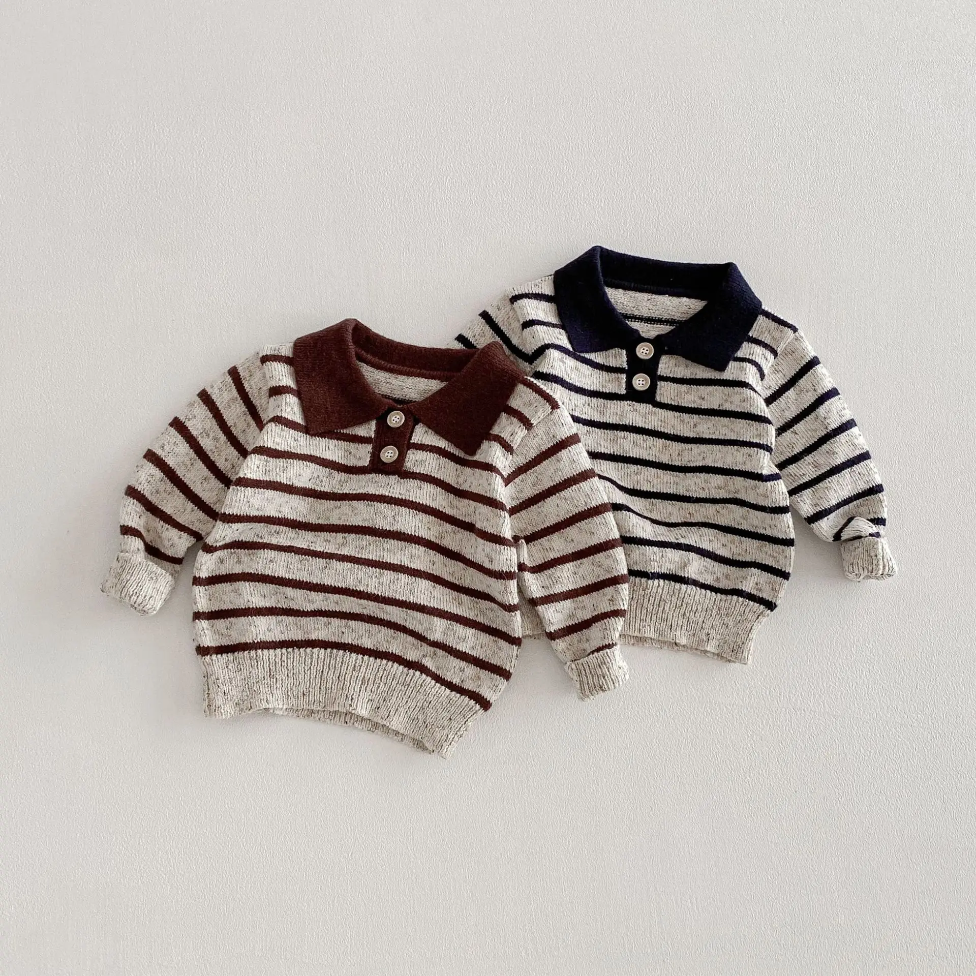 

2026 Spring New Children Long Sleeve Knitted Sweater Cotton Girls Polo Collar Striped Tops Boys Casual Pullover Kids Clothes
