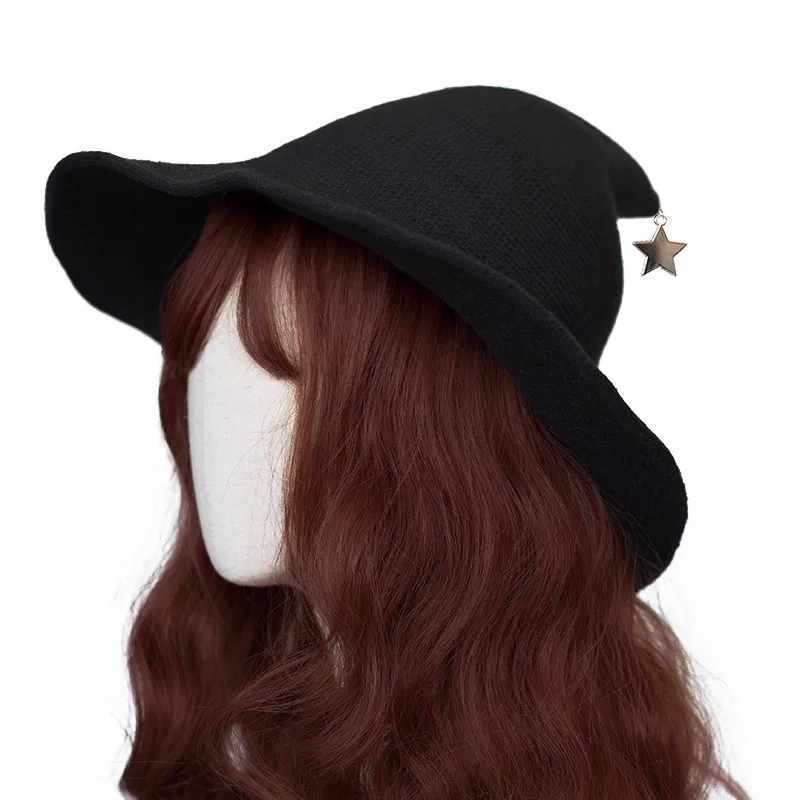 Halloween Witch Wizard Hat Knitted Cotton Yarn Cosplay Prop Lolita Pointed Manga Exhibition Accessory Foldable Magic Girl Hat