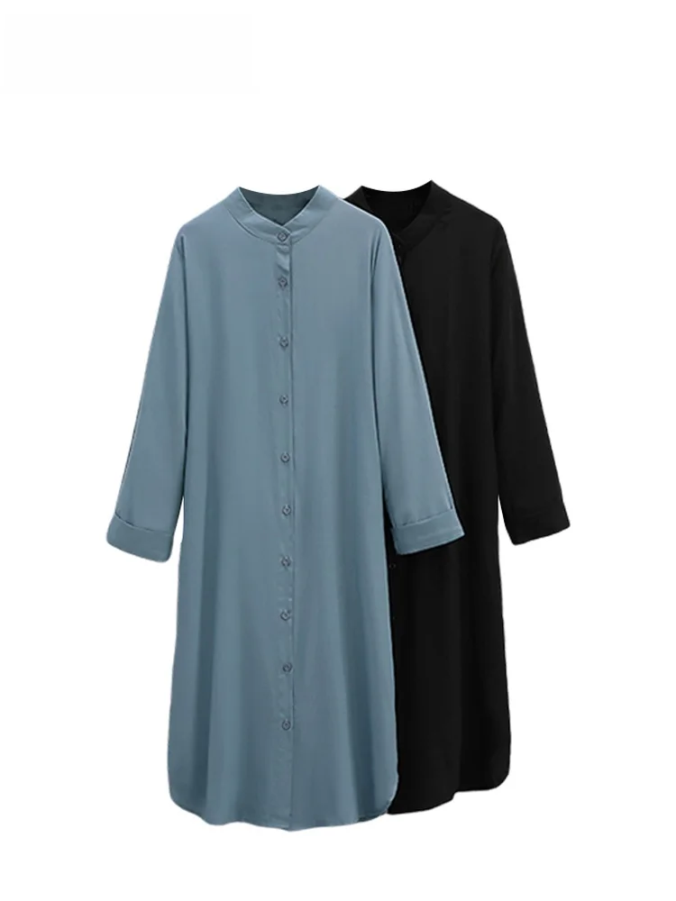 

plus Size irt Dr Women's Spring New Loose Belly Covering Slimming Midi Skirt Korean Sle Commute Long Sve Collar