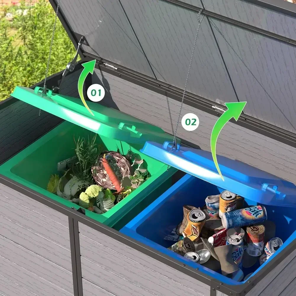 Outdoor Resin Trash Can Storage Shed with Reinforced Floor, Suitable for 2x64 Gal Cans, Waterproof Horizontal Storage Cabinet