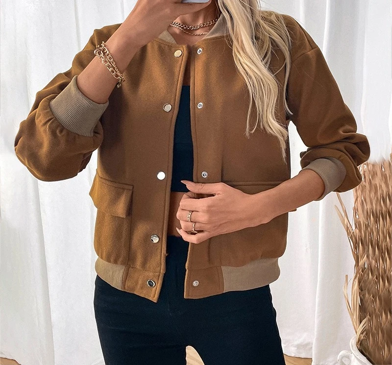 

2025 New Retro Casual Minimalist Style Contrasting Color Cardigan Button Baseball Collar Jacket for Women