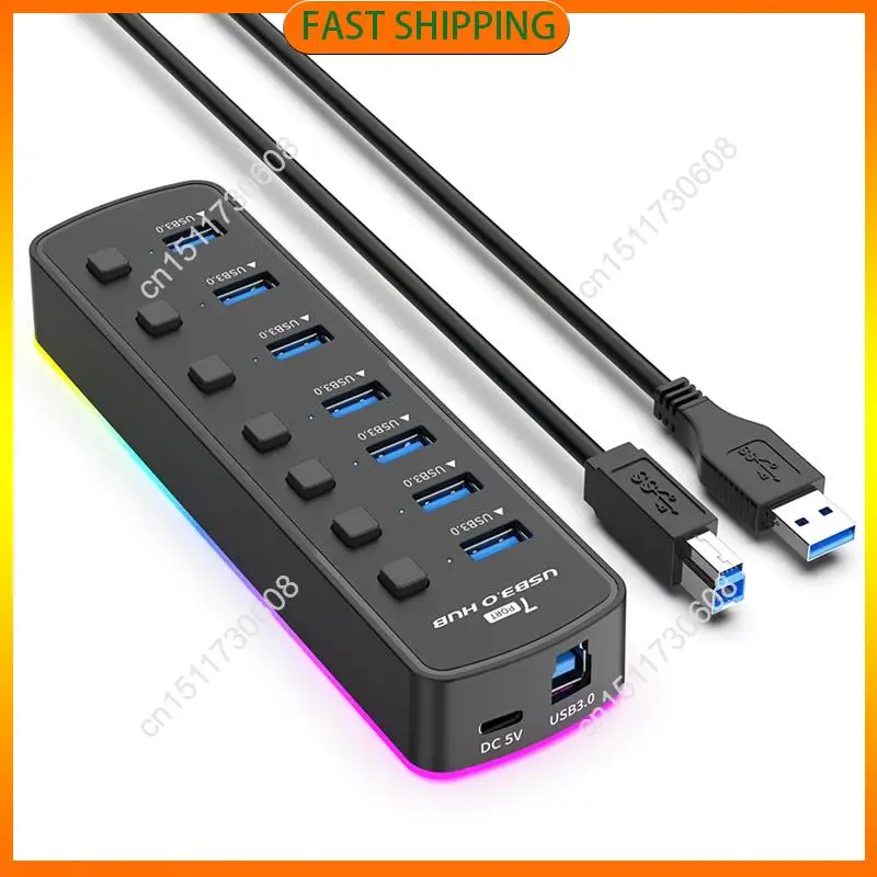 

Купите сейчас концентратор RGB USB 3.0, 7 портов, адаптер USB-порта, 5 Гбит/с, индивидуальный переключатель включения/выключения, разветвитель, игровой USB-концентратор для портативного ПК, компьютера