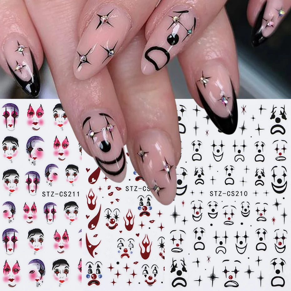 3D 만화 광대 네일 스티커 유행 조커 불 립 네일 할로윈 무서운 얼굴 네일 장식을위한 자체 접착 슬라이더