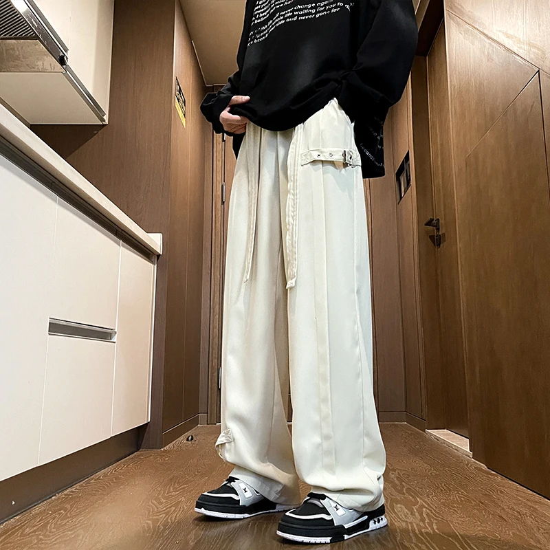 Harajuku Streetwear Men Casual Straight Pants Male Fashion Plicated Long Trousers Ribbons Welt Man Pants Coffee/Black/Rice White