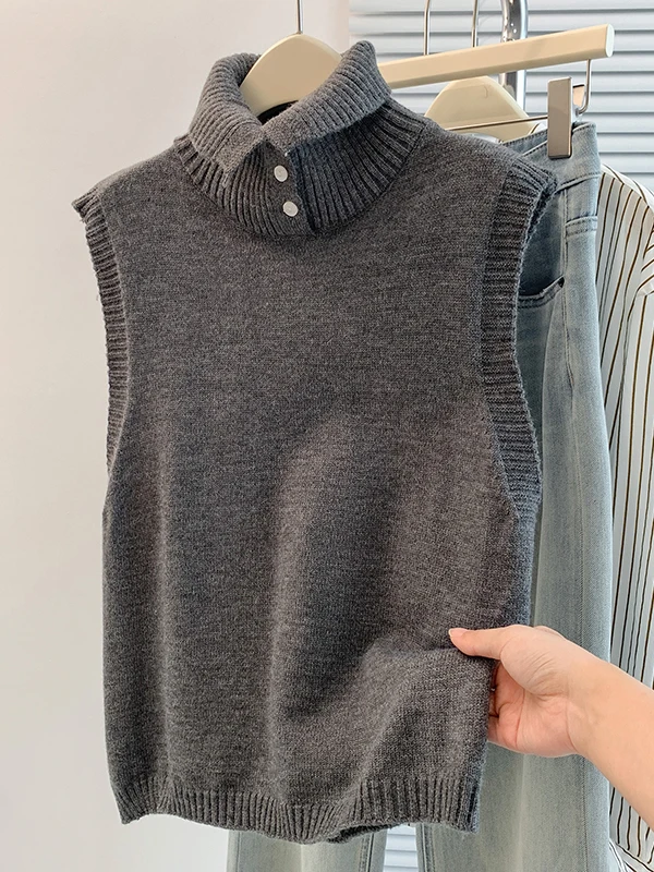 Authentic High-Neck Knitted Vest Women's Autumn Winter Style Half-Open Ladieswear Warm Faux Wool Blend Regular Fit  Color
