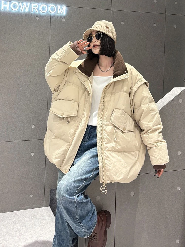 

Winter Solid Mid Length Stand Collar Down Jacket White Duck Down Thick Down Jackets Big Pocket Warm Parker Outwears JJ1109