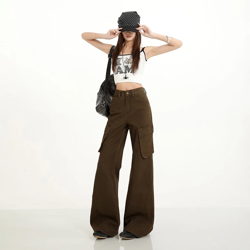 Women's Trendy Cotton Cargo Flare Jeans Loose Patch Pocket Deconstructed Spliced Non Leg Hugging Bell Bottoms