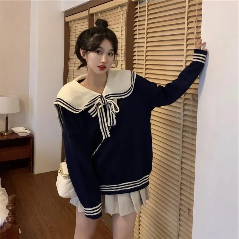 Women\'s Sweaters Gentle Contrasting Color Sailor Collar Bow Knitwears Loose Casual Sweet College Style Pullovers Ladies Clothing