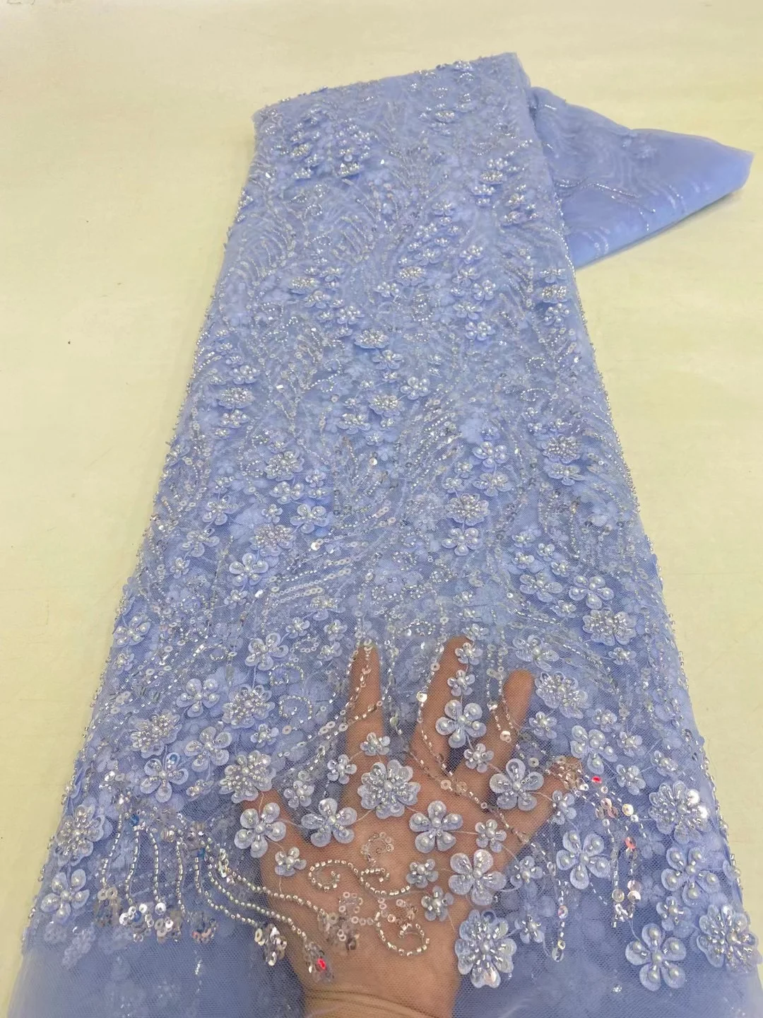 Luxury African Nigerian Groom Sequins Beads Lace Fabric 2025 Sky Blue High Quality French Tulle Lace Fabric For Bridal Dress