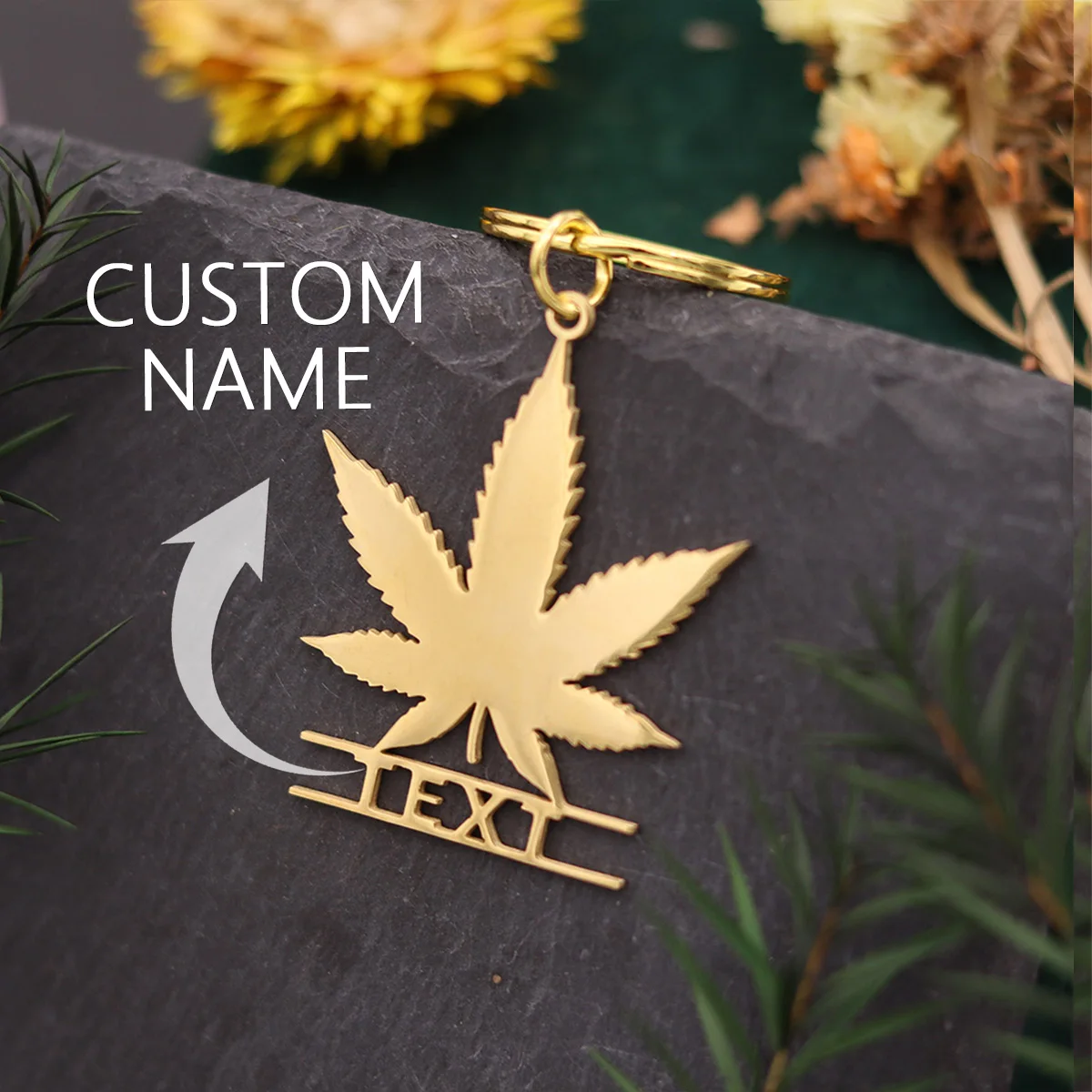 QIAMNI West Coast Hemp Maple Leaf Keychains Custom Stainless Steel Engraved Letters Key Chain Decoration Hiphop Keyring Gifts