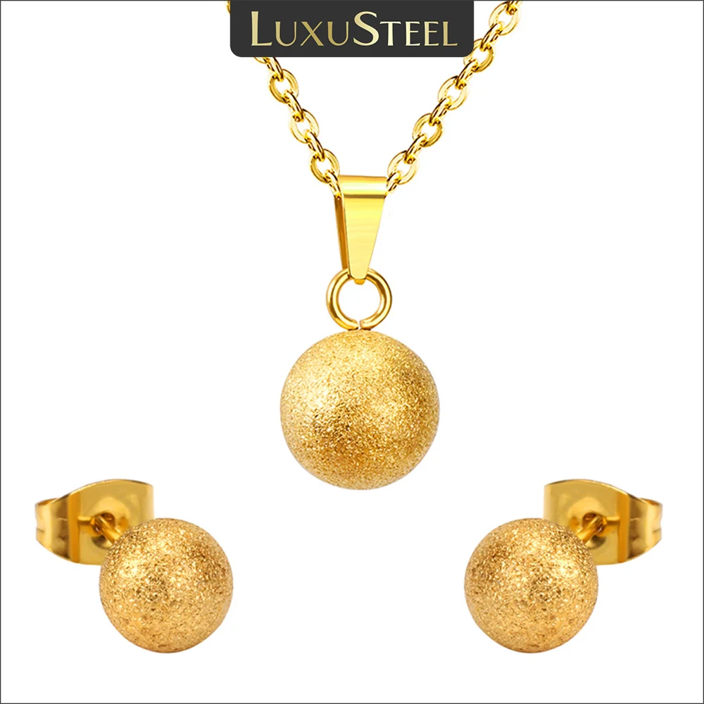 LUXUSTEEL Chokers Necklaces For Women Stainless Steel 2023 Scrub Golden Color Round Ball Pendant Necklace Earring Sets Brinco