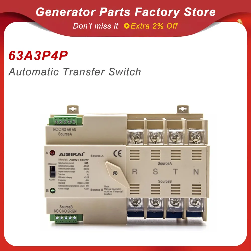 AISIKAI 2P 4P 63A ATS PC Dual Power Automatic Transfer Switch Circuit Breakers For Generator Parts 220V 50/60HZ ASKQ1-63A/2P