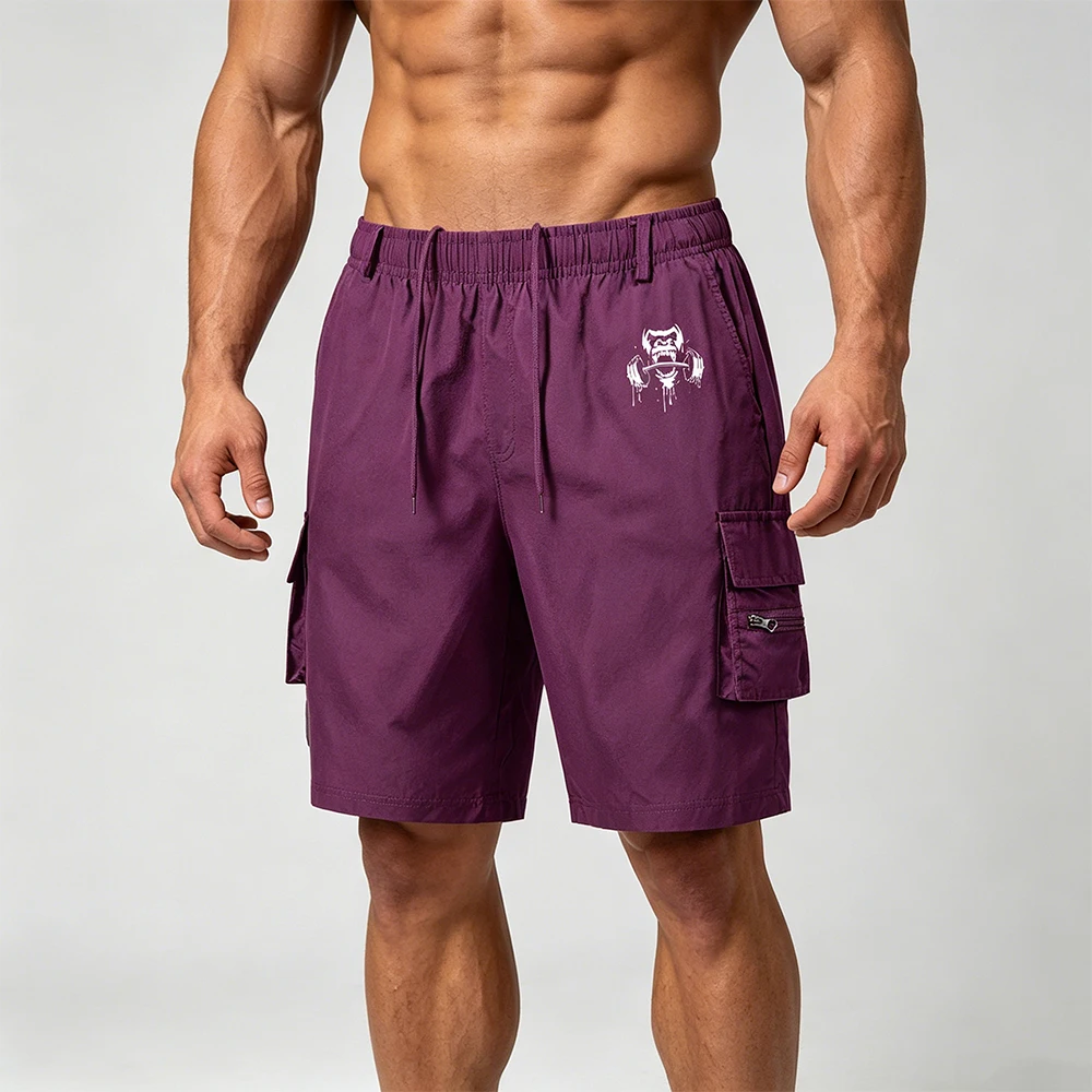 

Men's Cargo Shorts Elastic Waist Quick Dry Casual Work Shorts with Functional Zipper Side Pockets Fitness Gorilla Dumbbell Print