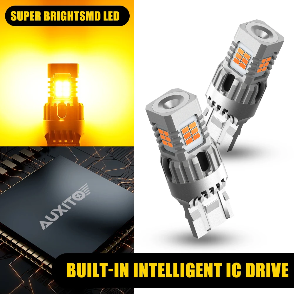 2 шт. светодиодные лампы AUXITO 7440 W21W LED Canbus без гиперфлэша T20 WY21W 7440NA LED без ошибок, янтарные, для указателей поворота, автомобильные лампы 12В