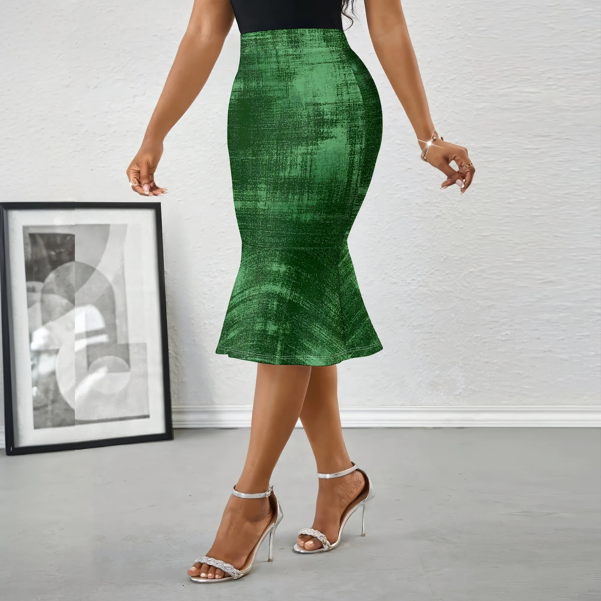 Green Abstract Midi Skirt, Textured Print Pencil Skirt, High Waist Mermaid Hem Skirt for Party Date Night, S-2XL