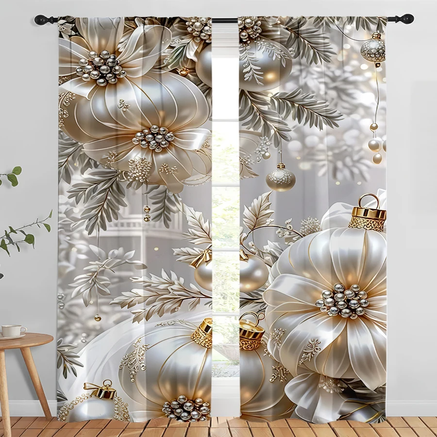 2PCS Christmas Digital Print Curtains, Silver White Poinsettia Gold Ornaments, Luxurious for Living Room Bedroom Window Decor